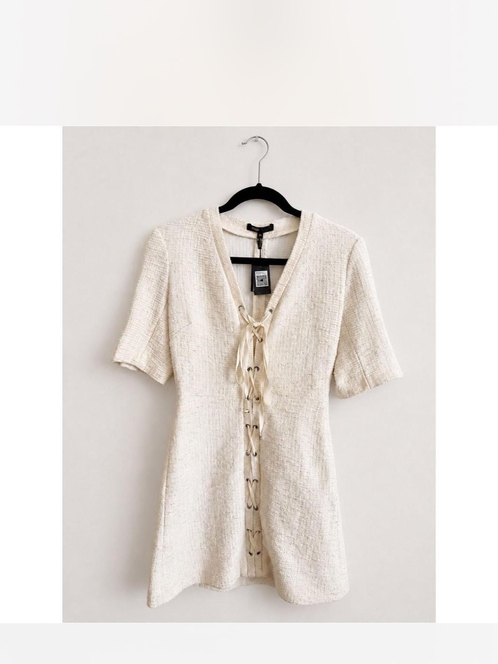 Maje Cream Lace-Up Textured Short-Sleeve Mini Dress